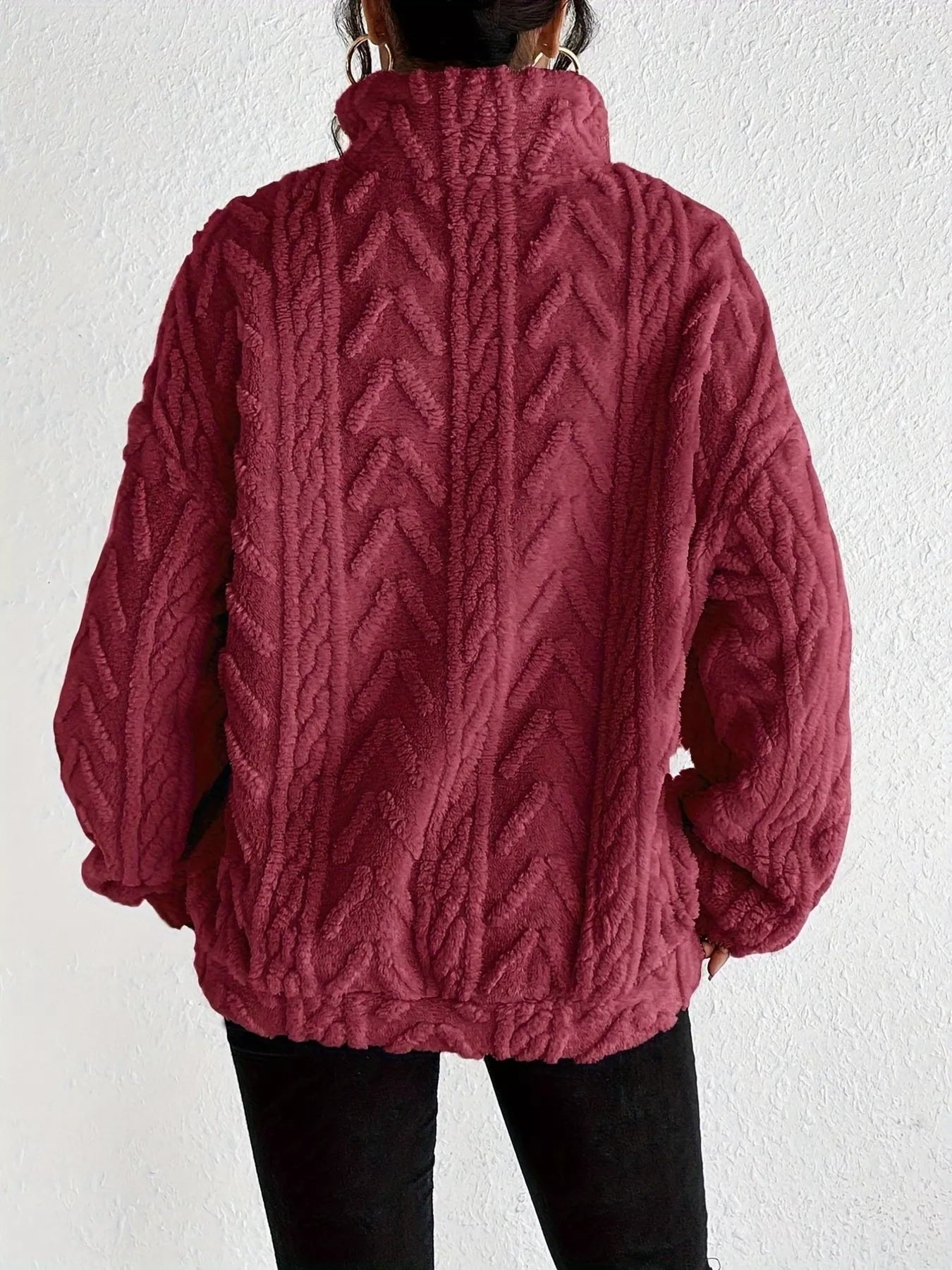 Sherpa quarter-zip sweatshirt, burgundy cable knit texture, back view