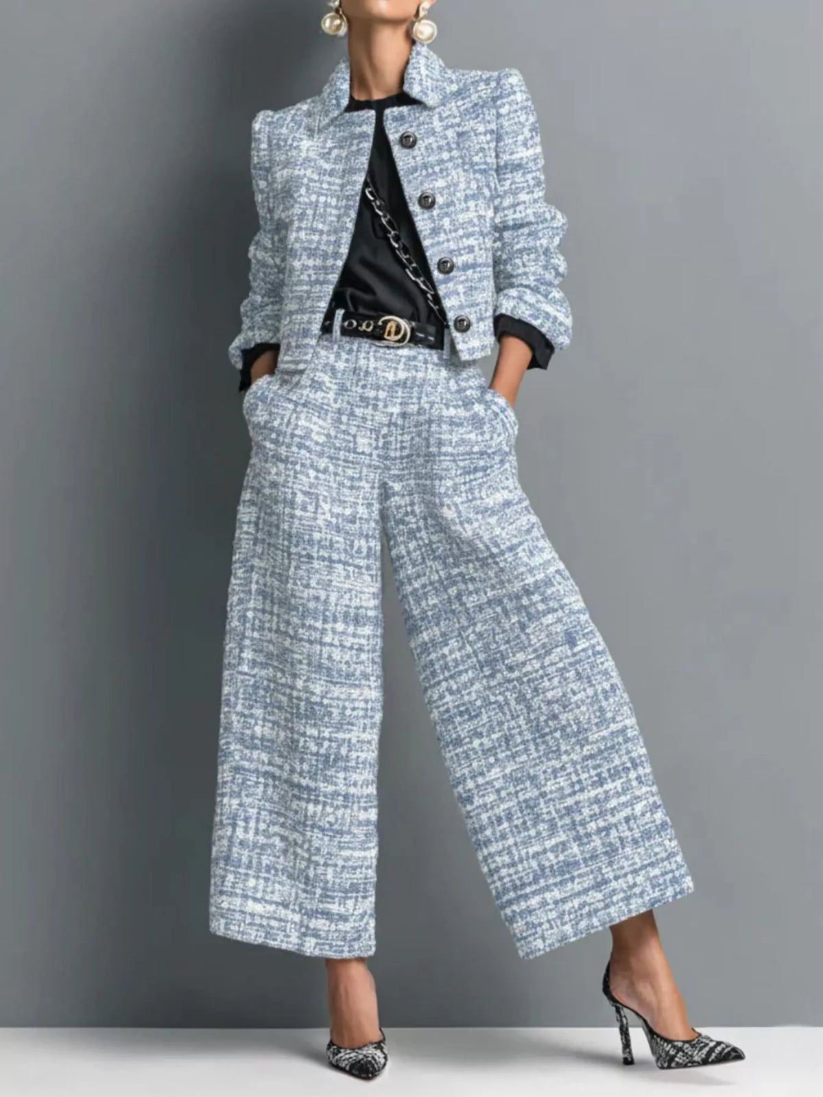 Tweed crop jacket and wide-leg pants set in light blue textured fabric