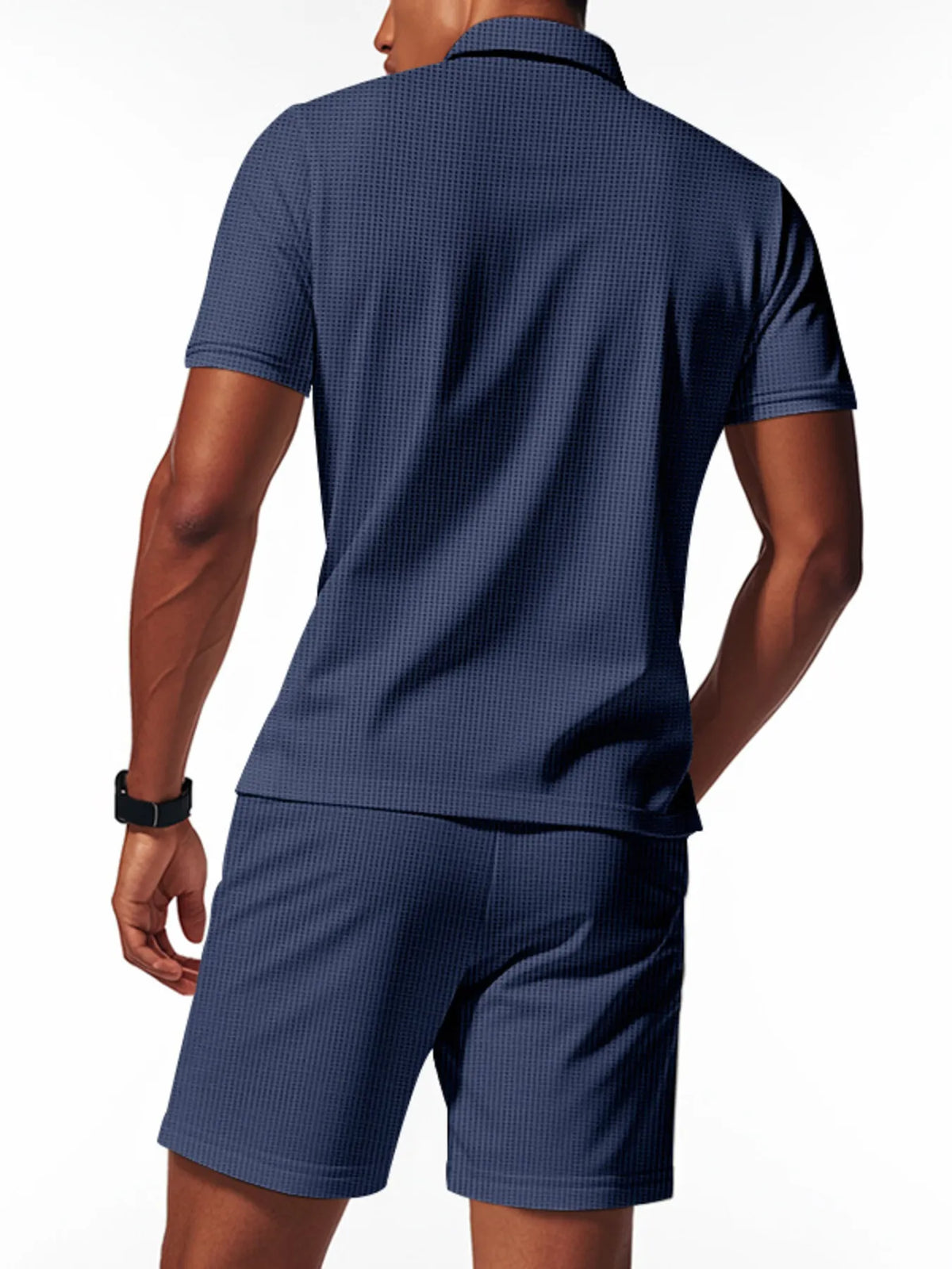 Quarter-zip short-sleeve top and shorts set in dark blue, rear view