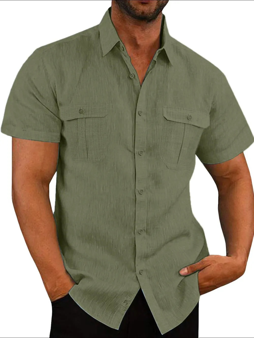 Olive green men's short-sleeve collared button-up shirt with chest pockets