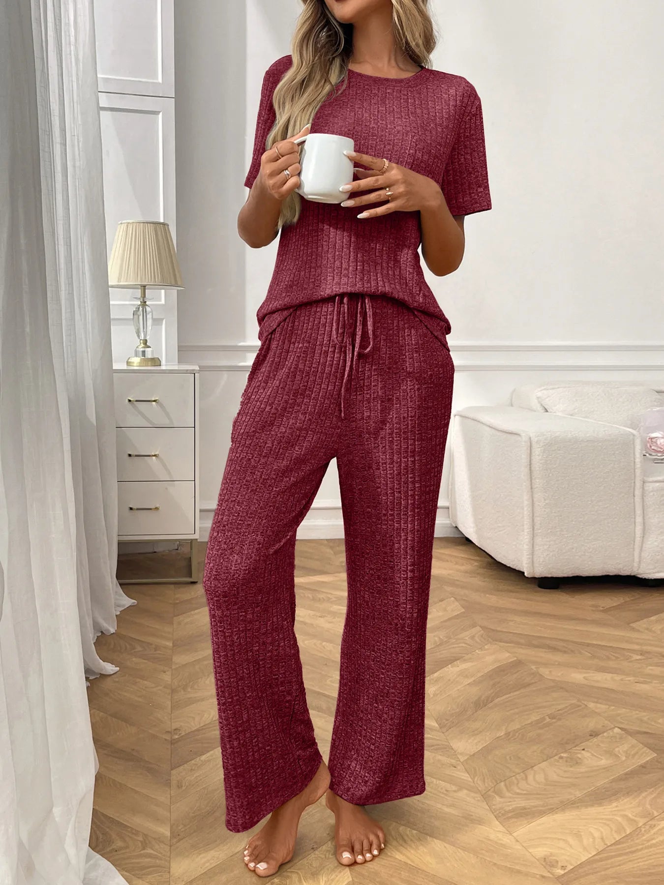 Ribbed knit lounge set with short-sleeve top and drawstring wide-leg pants, wine red