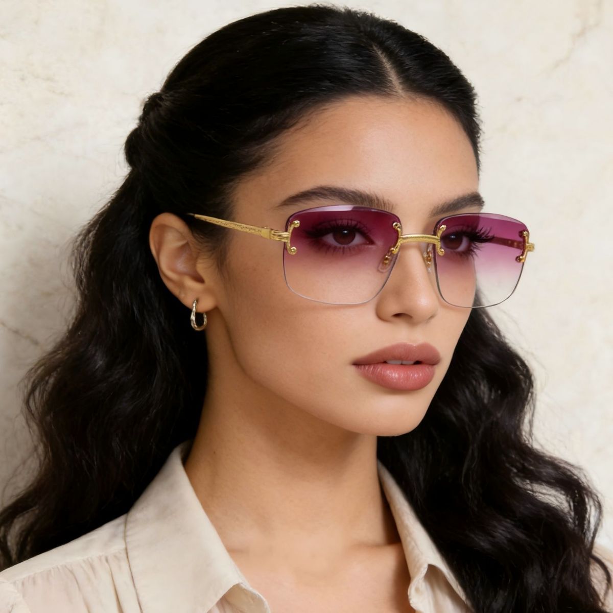 Cedar & Moore Rimless gradient tinted sunglasses with gold frame and pink-purple lenses