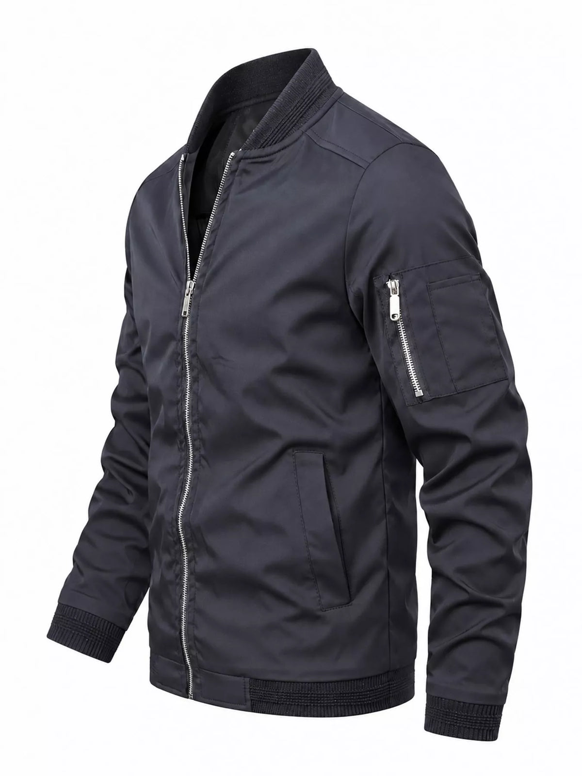Lightweight bomber jacket in dark navy with front zipper and ribbed cuffs