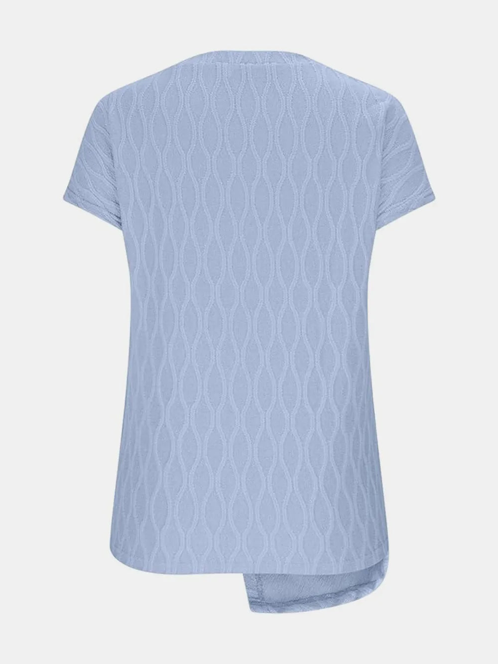 Light blue patterned round-neck short-sleeve T-shirt, back view