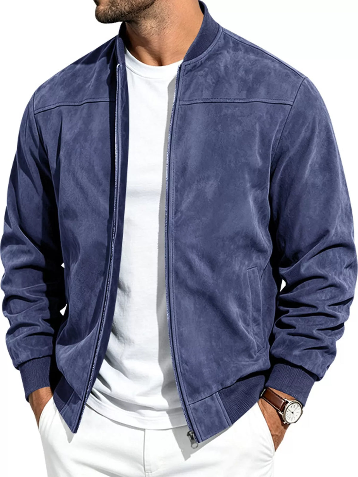 Men's navy zip-up suede-style jacket, stand collar, front zipper, classic fit