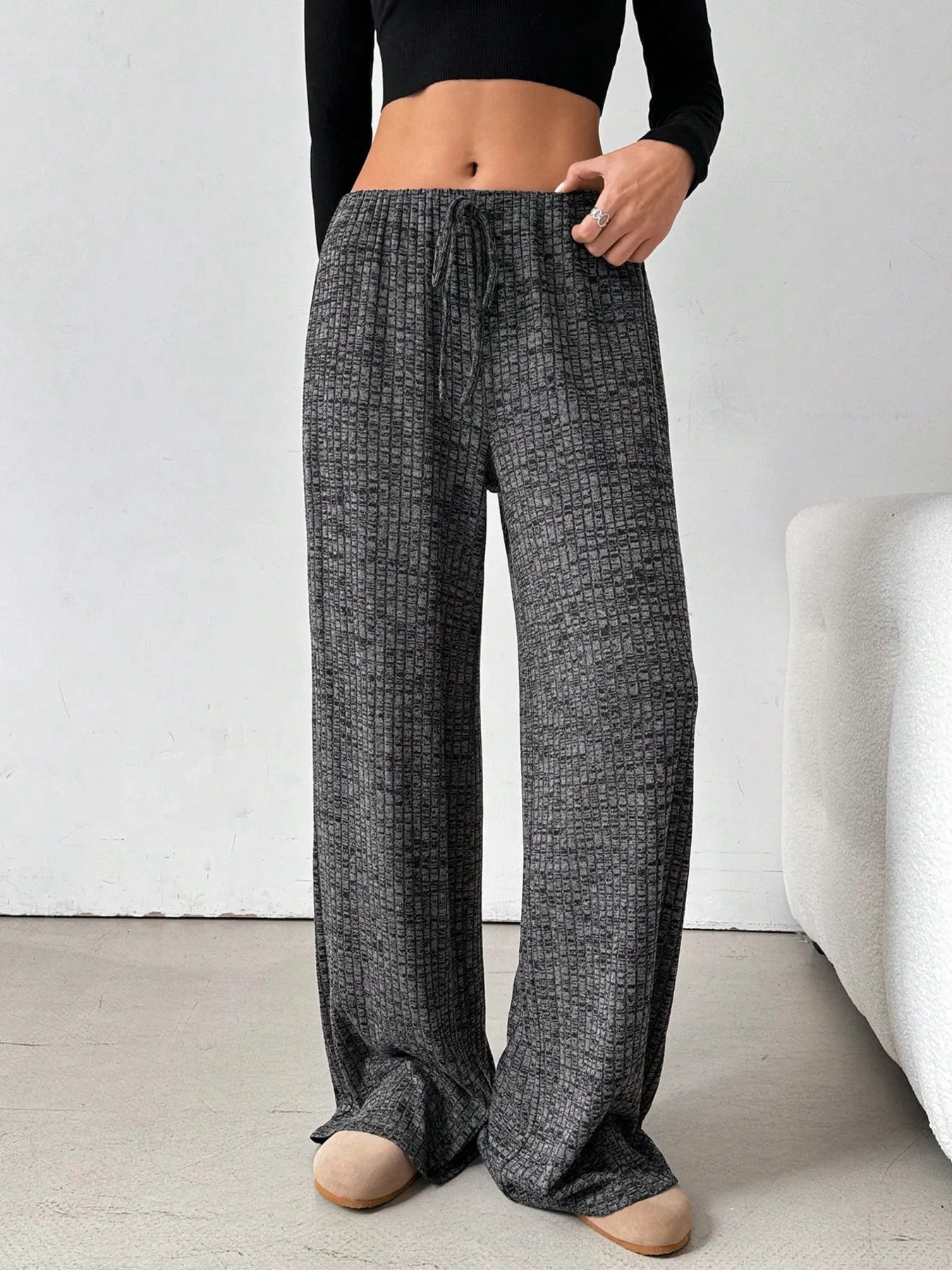 Dark gray striped wide-leg pants with adjustable drawstring and elastic waist