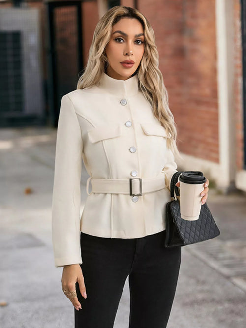 Beige belt button-up outerwear with long sleeves, flap chest pockets, and button front