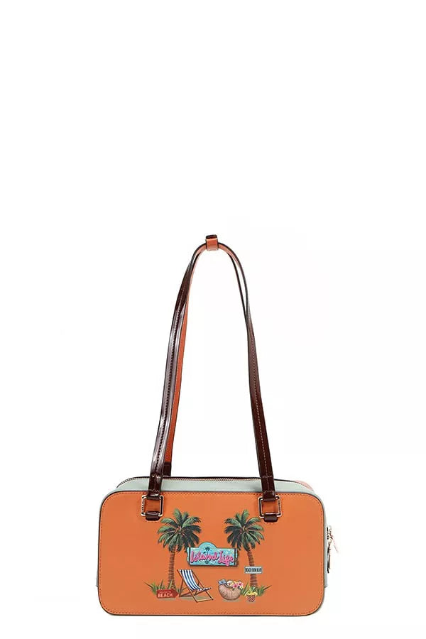 Shoulder bag with orange body, palm-and-surf print, and brown handles.