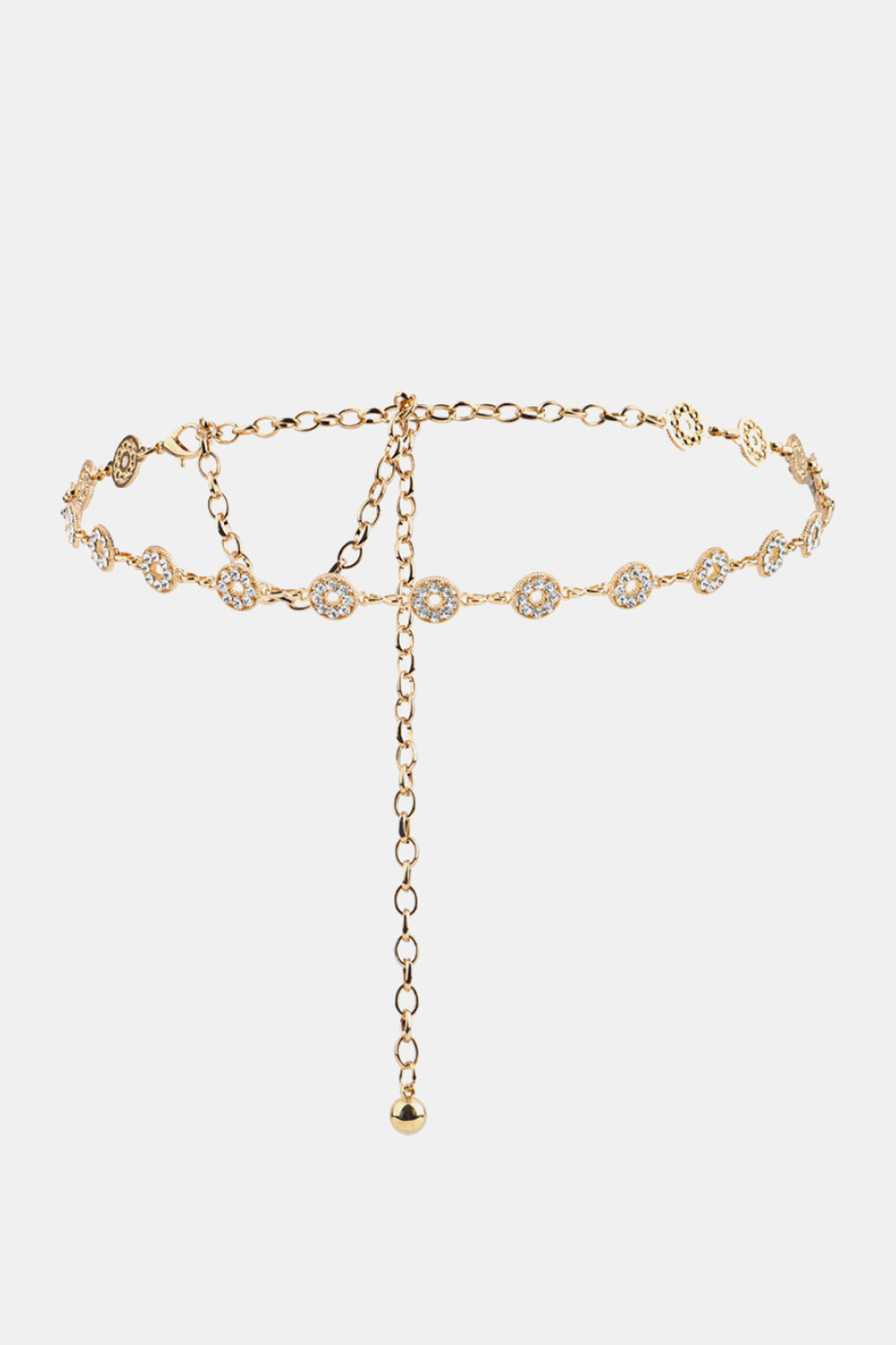 Gold rhinestone chain belt with dangling round charm and crystal links