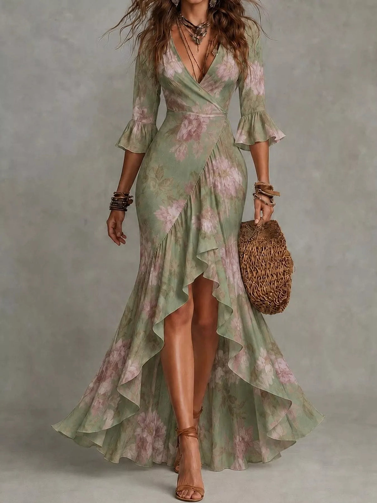 Sage green floral wrap dress with V-neck and flared ruffle sleeves