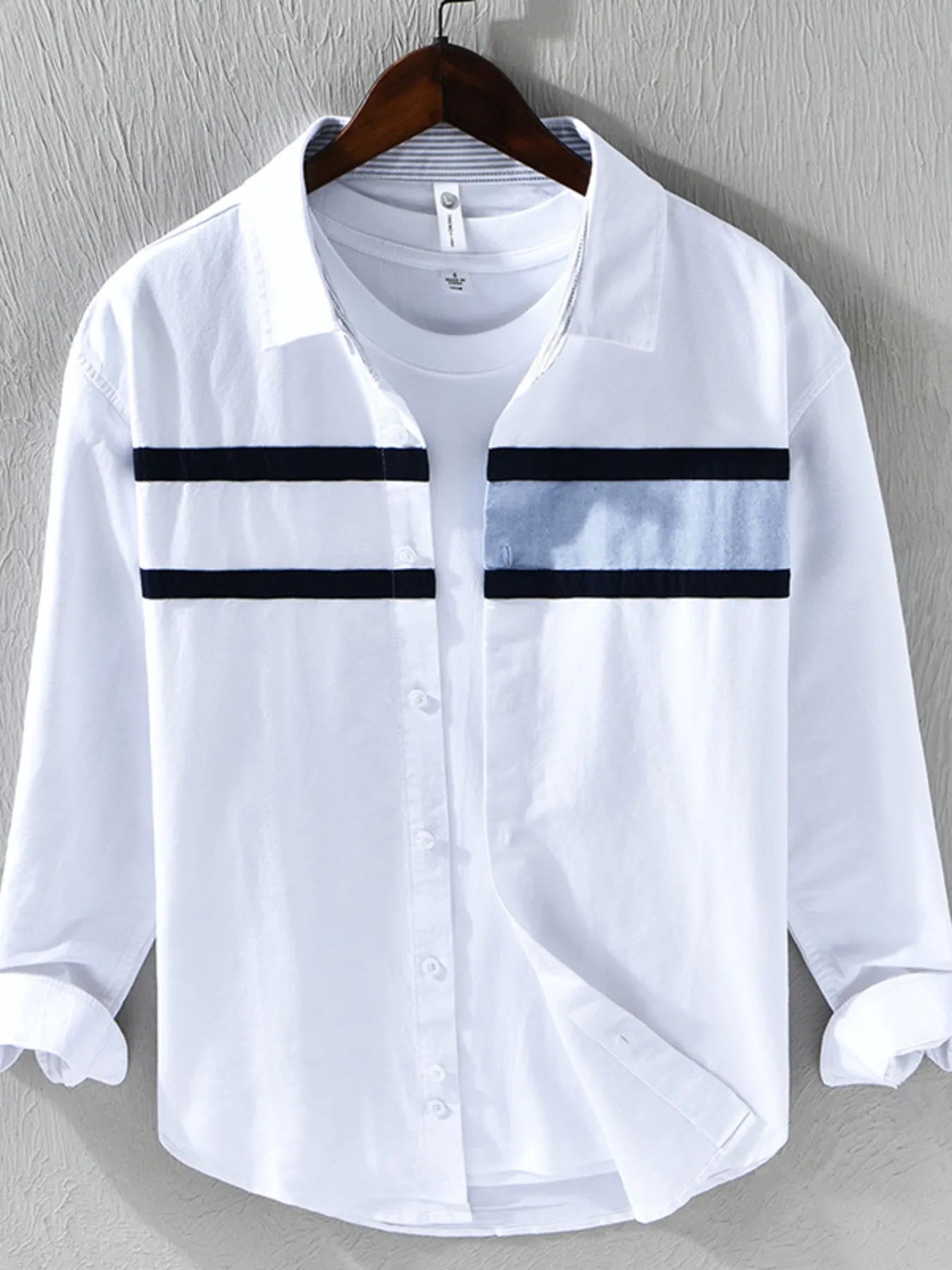 Men's striped button-down shirt with white base and dark horizontal bands