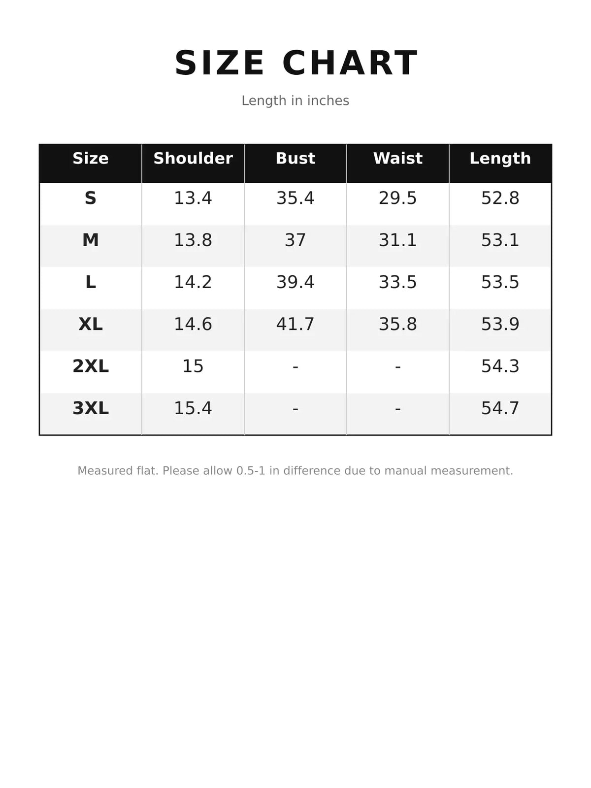 Maxi dress size chart table with shoulder, bust, waist, and length measurements