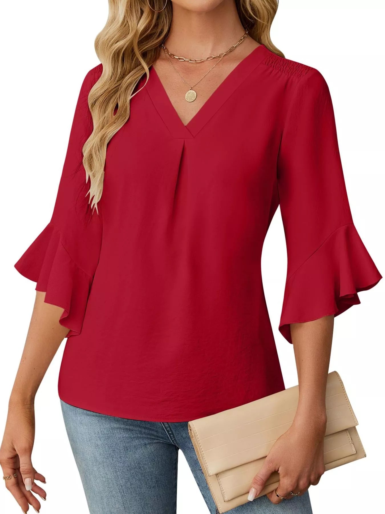 V-Neck Ruffle Sleeve Blouse by Trendsi in red with bell sleeves.