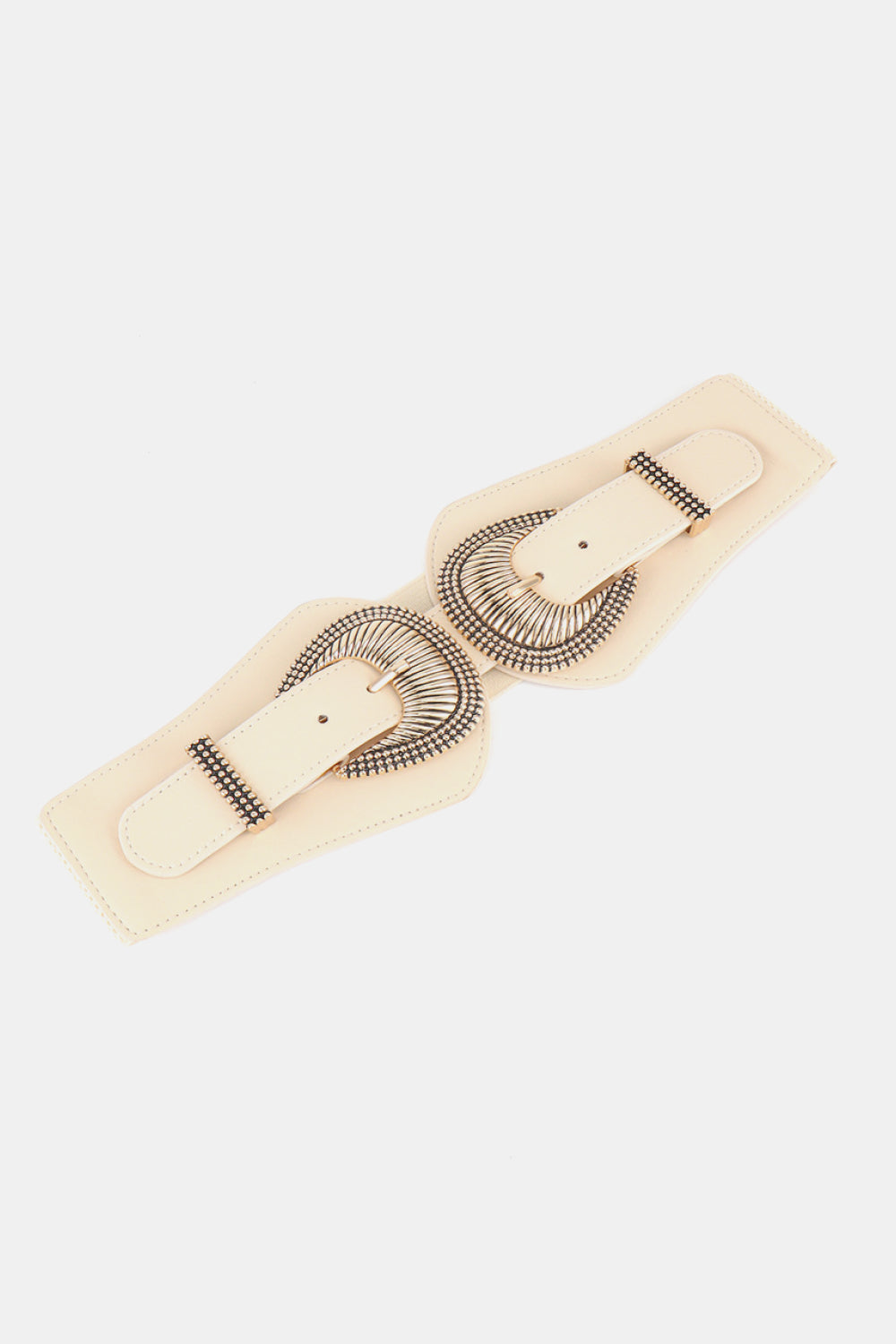 Cream elastic wide belt with double shell buckle and gold-tone hardware, shown flat