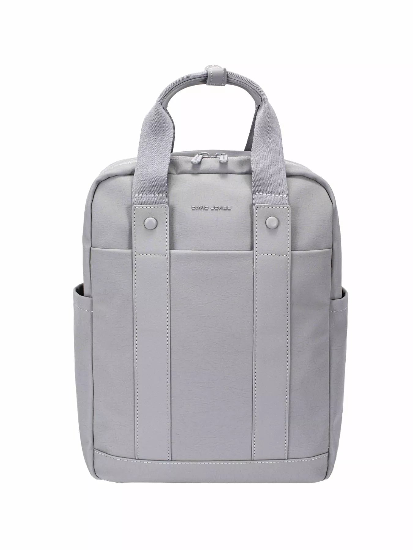 Canvas backpack bag with dual handles, light gray front zip panel
