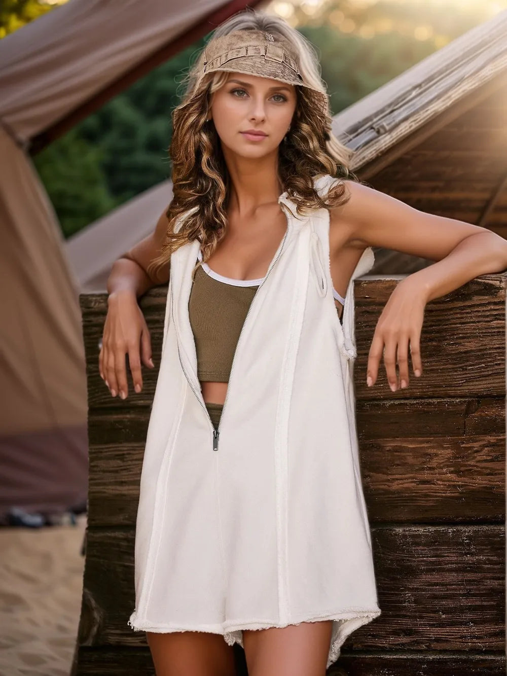 White hooded sleeveless romper with half-zip front and frayed trim