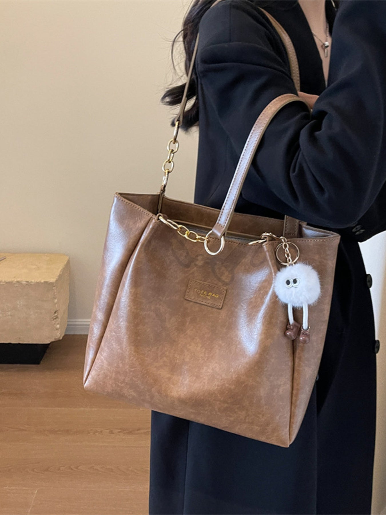 Chain Decor Leather Shoulder Bag by Trendsi, large brown PU with gold-tone chain accents