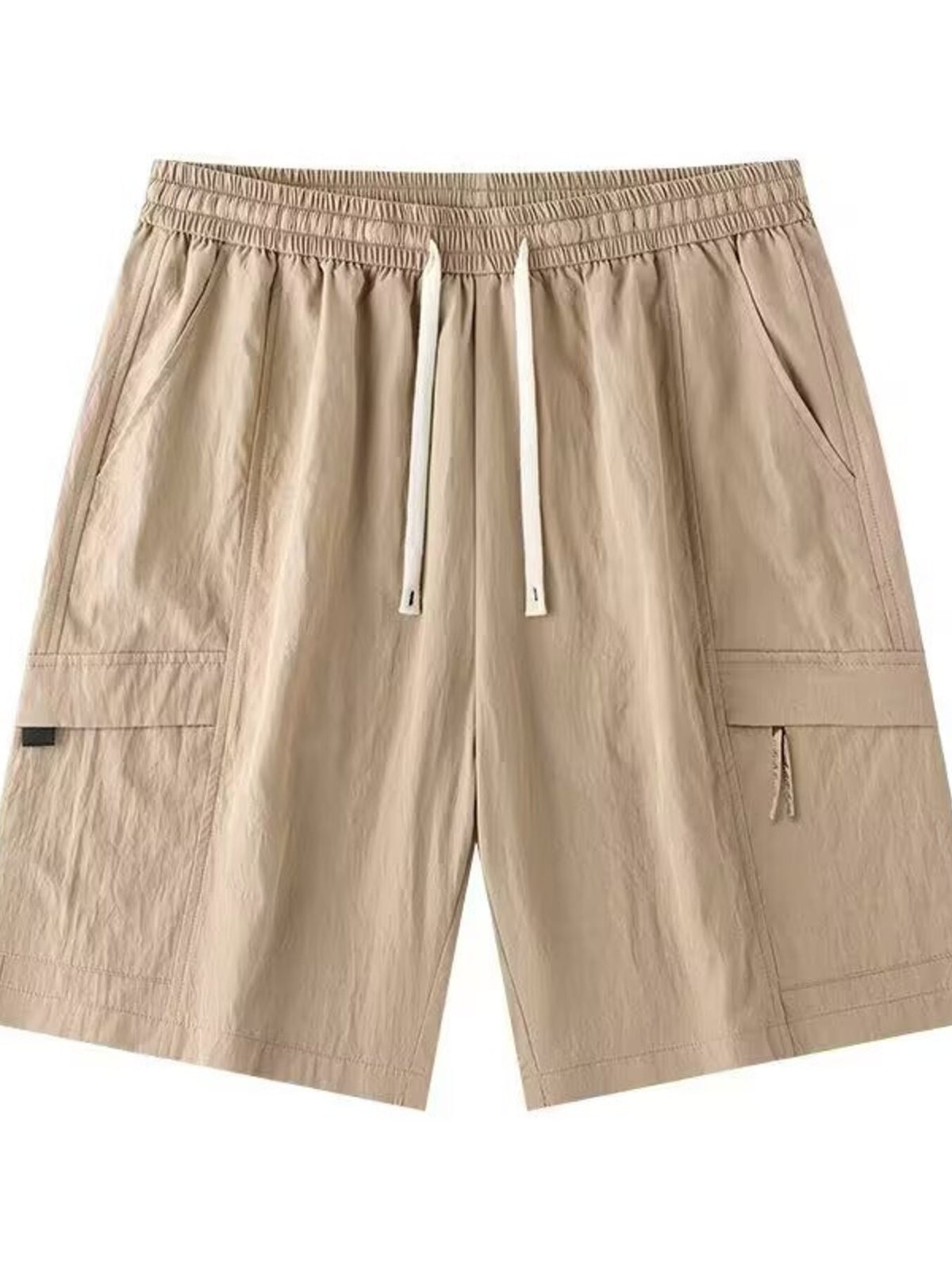Khaki lightweight drawstring cargo shorts with elastic waistband and cargo side pockets