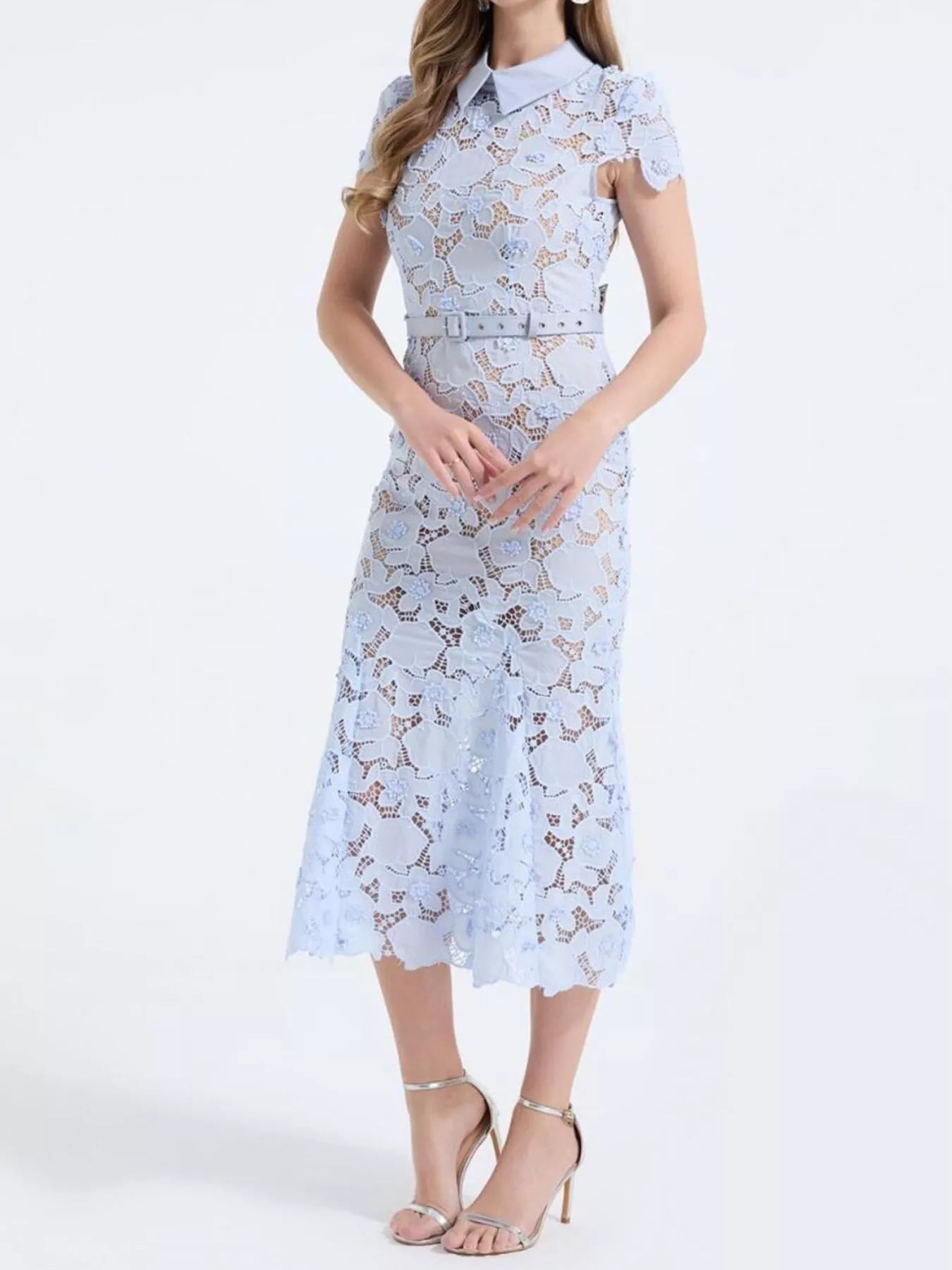 Cedar & Moore Floral Lace Short Sleeve Midi Dress in light blue with belt