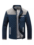 Men's quilted snap-front jacket with gray trim, striped lining, and zip pockets