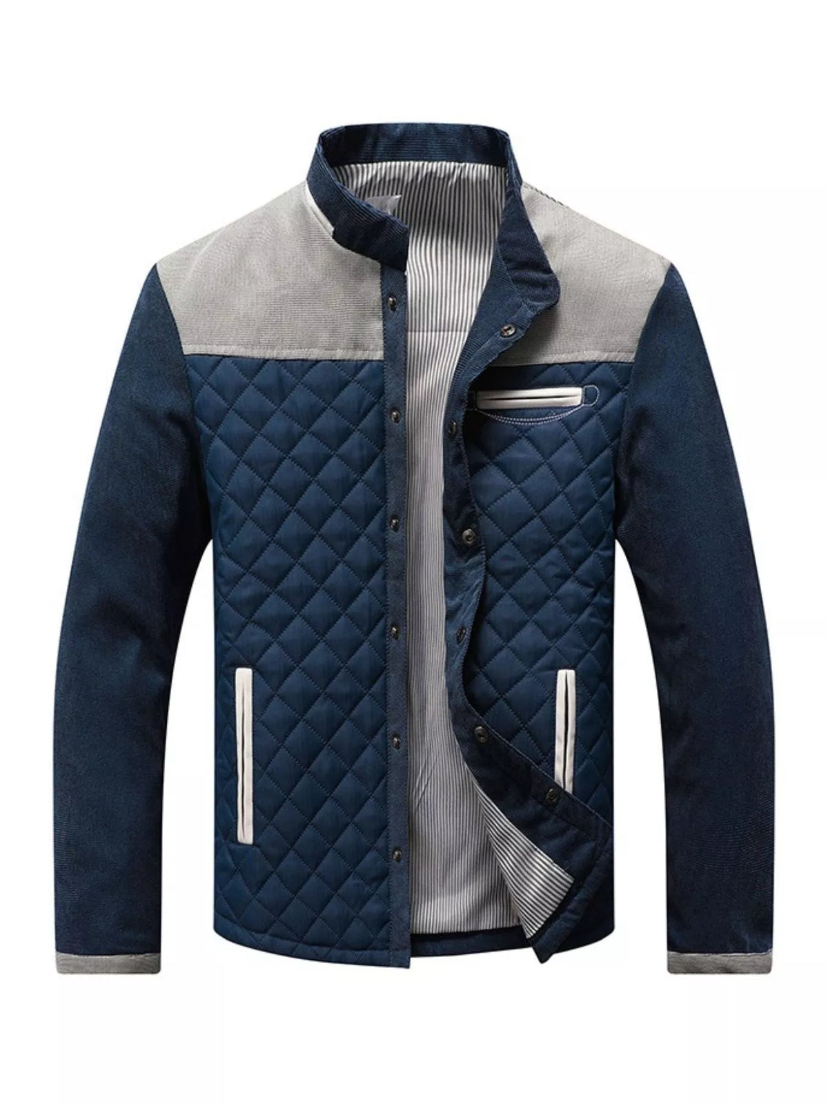 Men's quilted snap-front jacket with gray trim, striped lining, and zip pockets