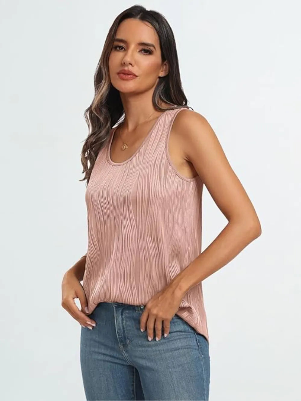 Dusty pink wide-strap tank with round neckline and vertical wavy textured fabric