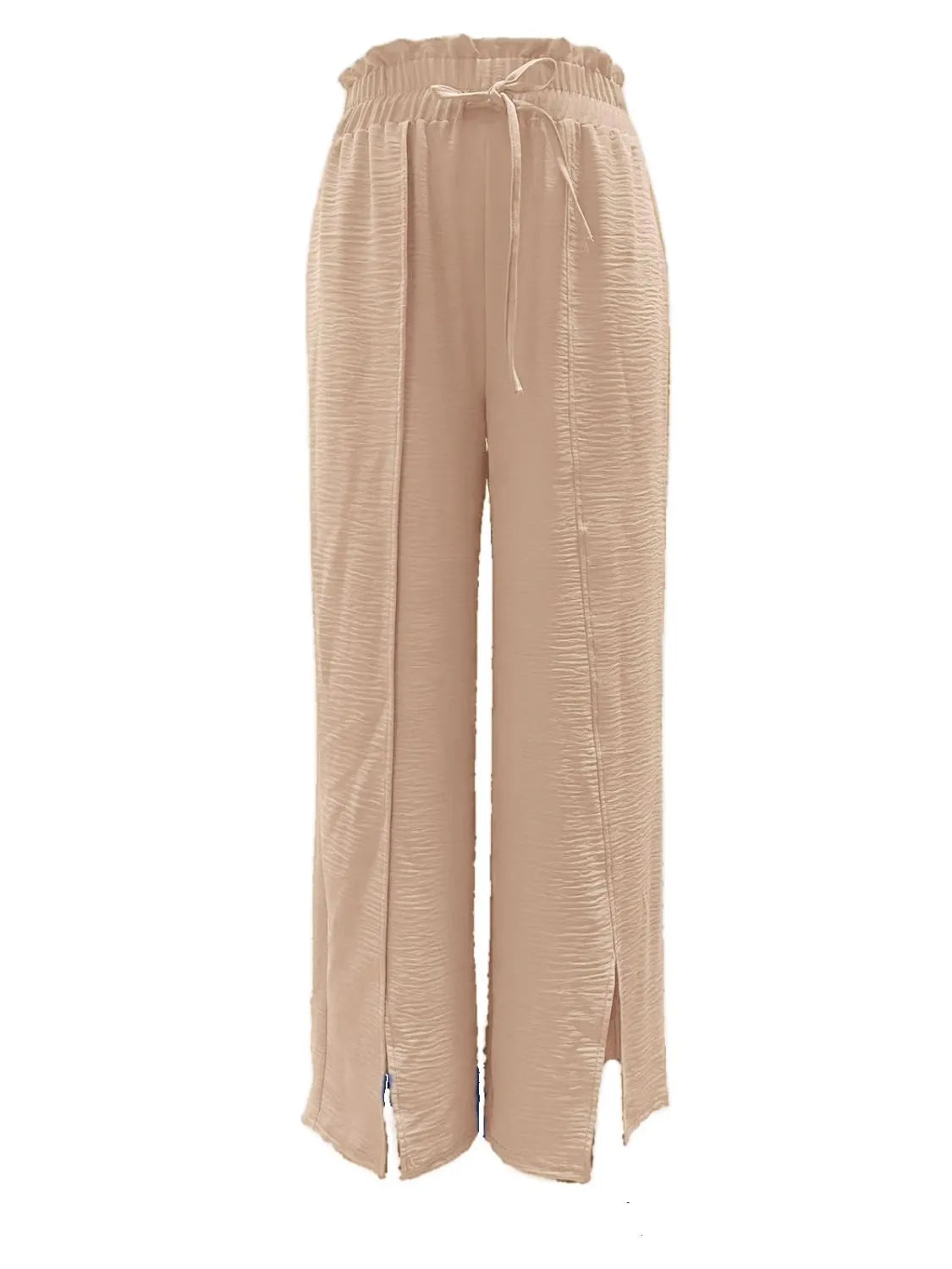 Tan slit wide-leg pants with drawstring elastic waistband and side slit hem