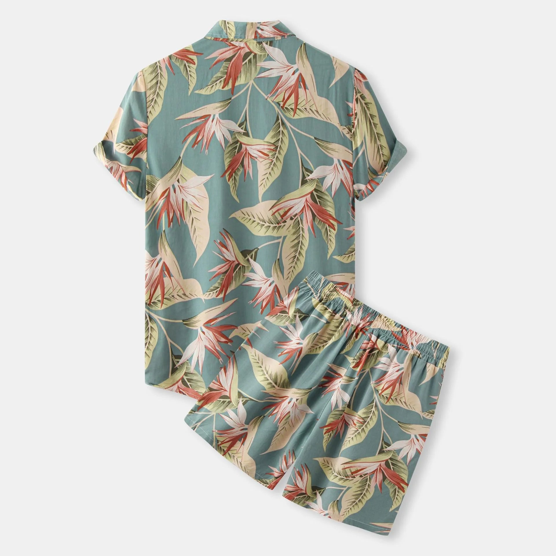 Men's plus-size tropical print button-up shirt and shorts set, teal leaf design.