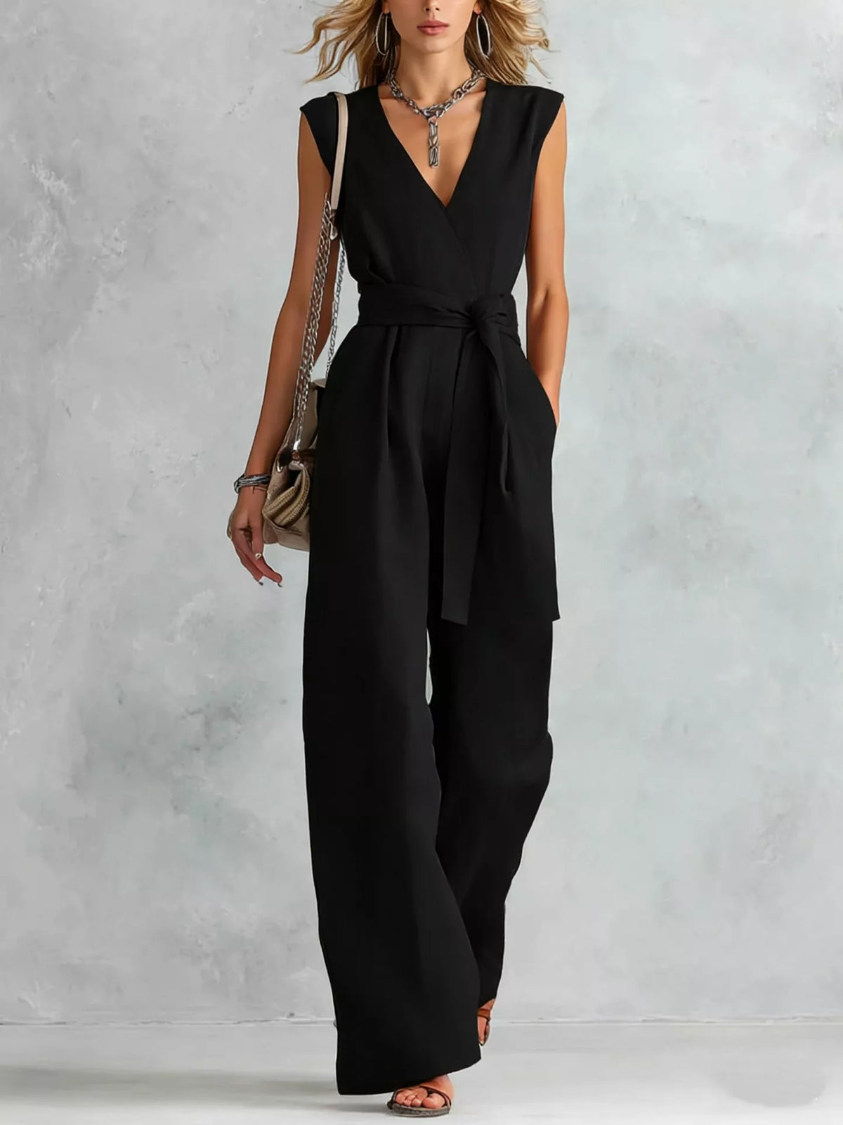 Black sleeveless wide-leg jumpsuit with V-neck and self-tie waist