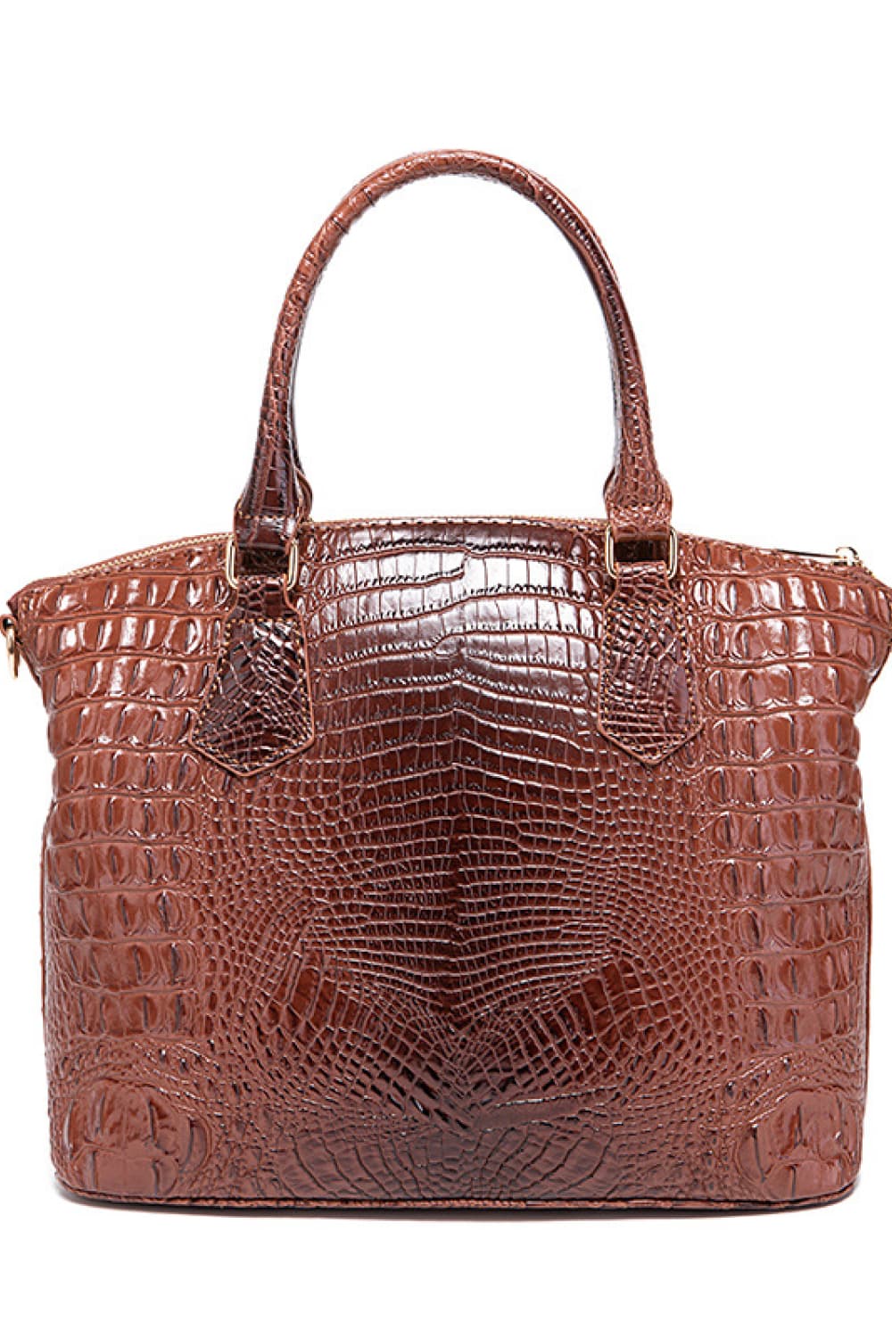 Dark brown croc-embossed vegan leather handbag with top handles and front flap detailing