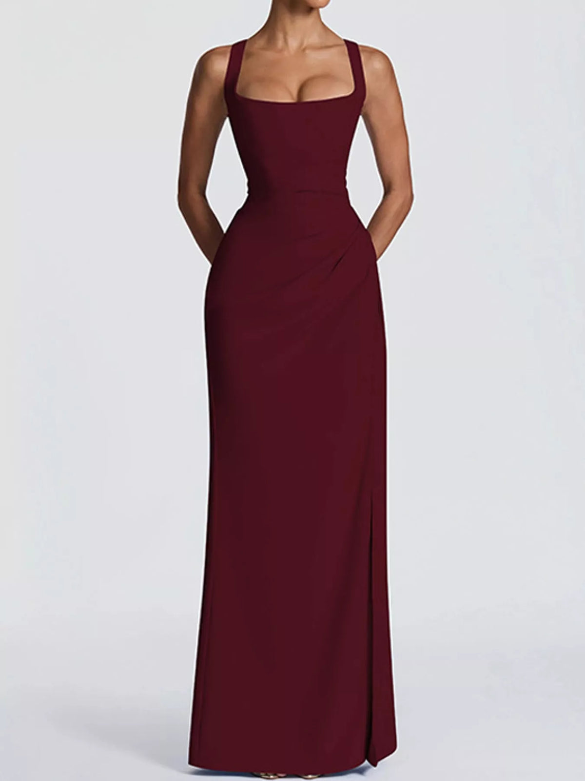 Burgundy backless maxi dress with square neckline and ruched waist seams