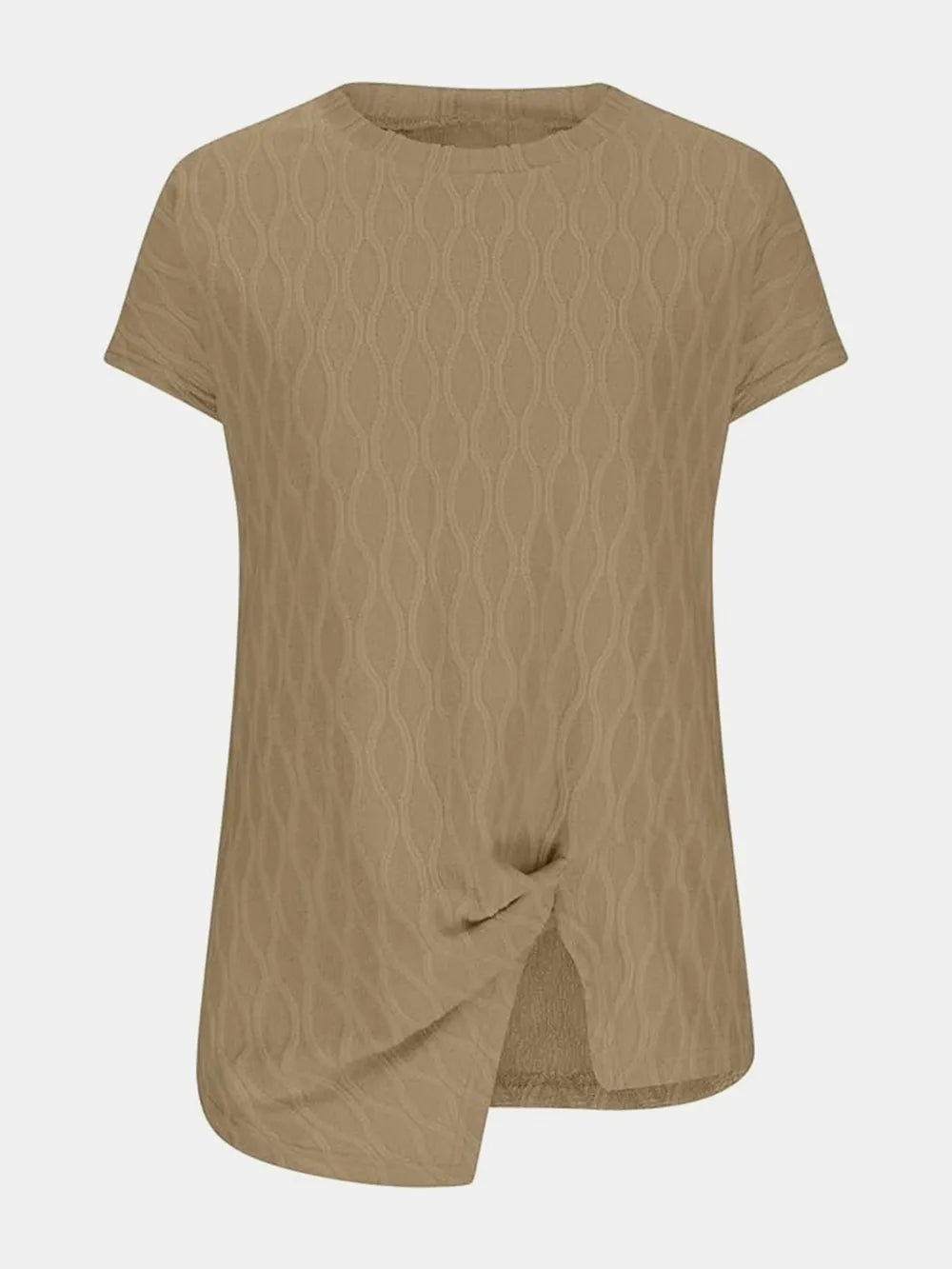 Camel patterned round-neck short-sleeve T-shirt with side knot