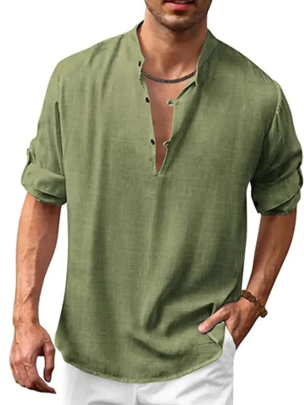 Olive green half-button long-sleeve shirt with rolled cuffs
