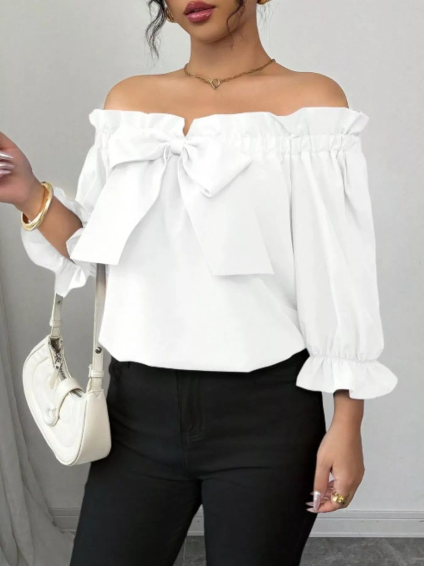 Bow Flounce Sleeve Blouse, white off-shoulder with bow detail