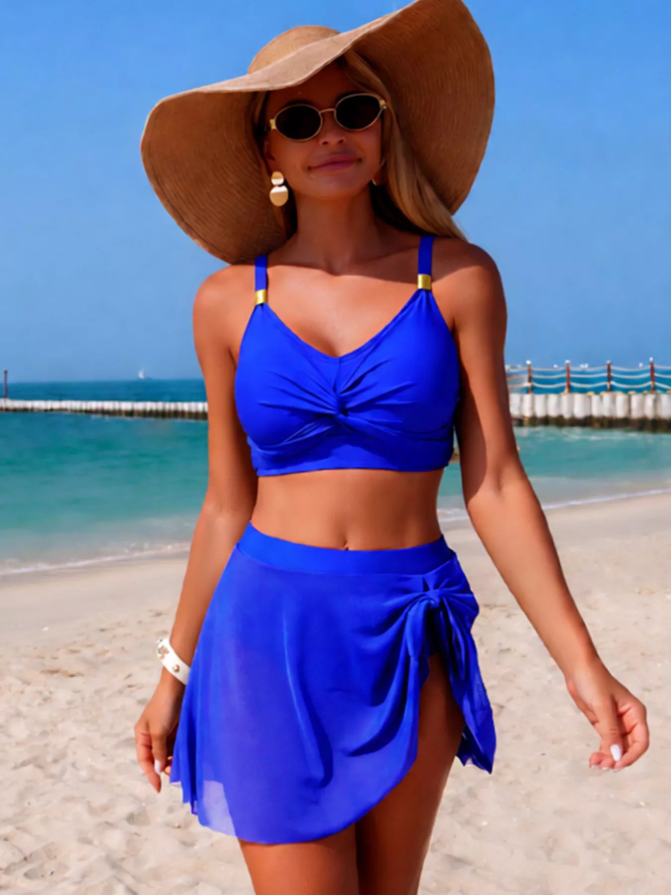 Twist Front Cami and Skort Swim Set in royal blue with side-tie wrap skirt