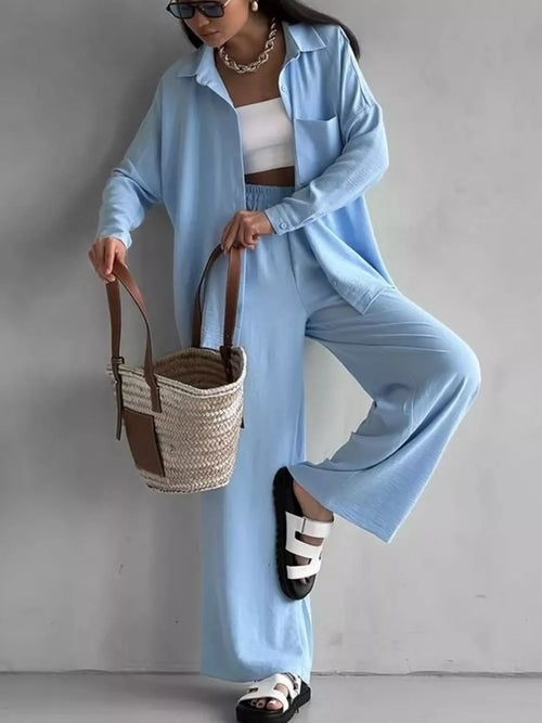 Light blue button-up long-sleeve shirt and matching wide-leg pants set