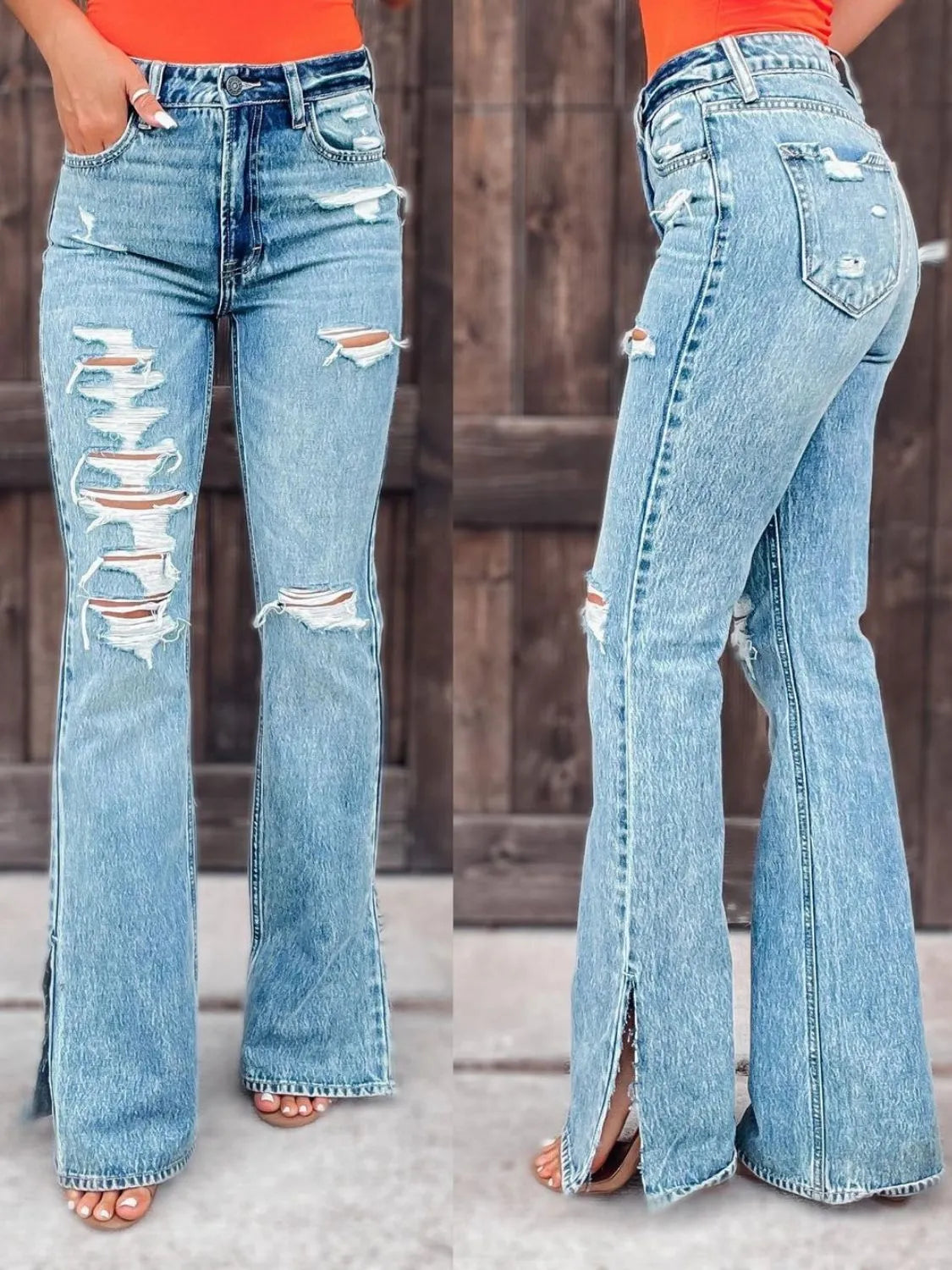 Light wash distressed slit bootcut jeans with ripped knees and front pockets