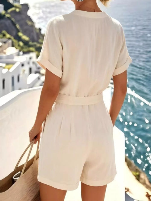 Off-white shirt and shorts set with tie waist, short sleeves, back view