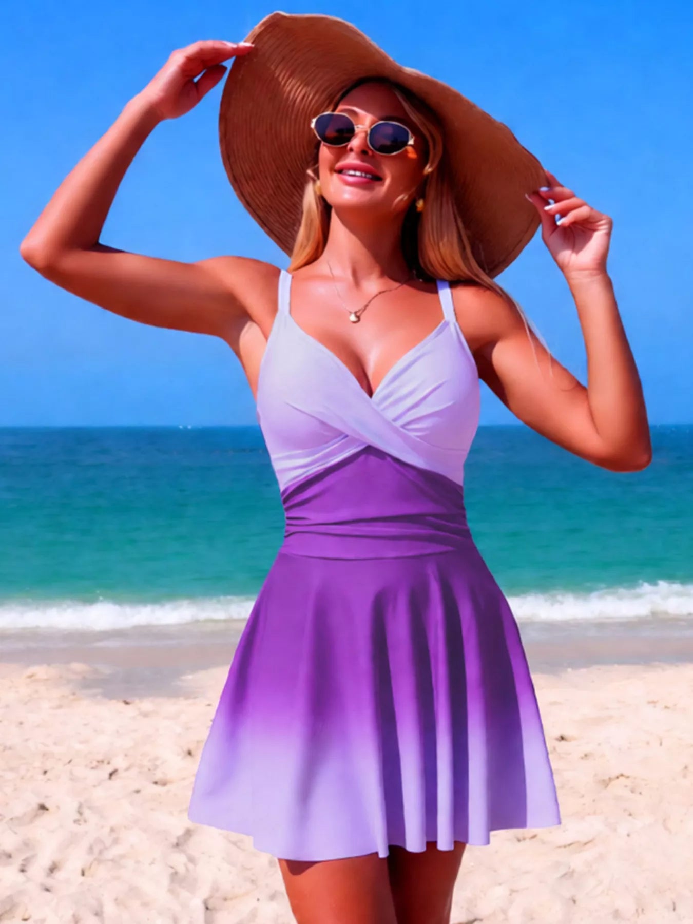 V-Neck Gradient One-Piece Swimsuit by Trendsi, lavender-to-purple gradient.