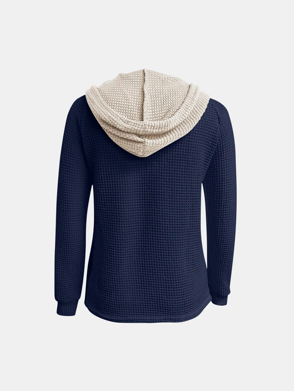 Dark navy waffle-knit long-sleeve hoodie with contrast hood, shown from the back