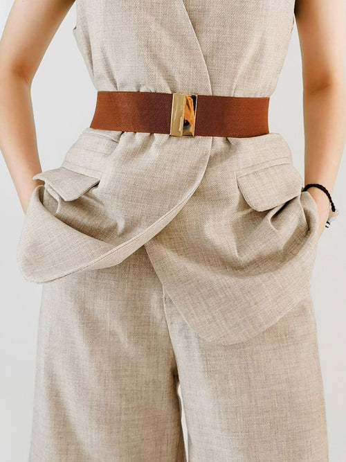 Elastic belt with alloy buckle, rust-brown strap and gold-tone buckle