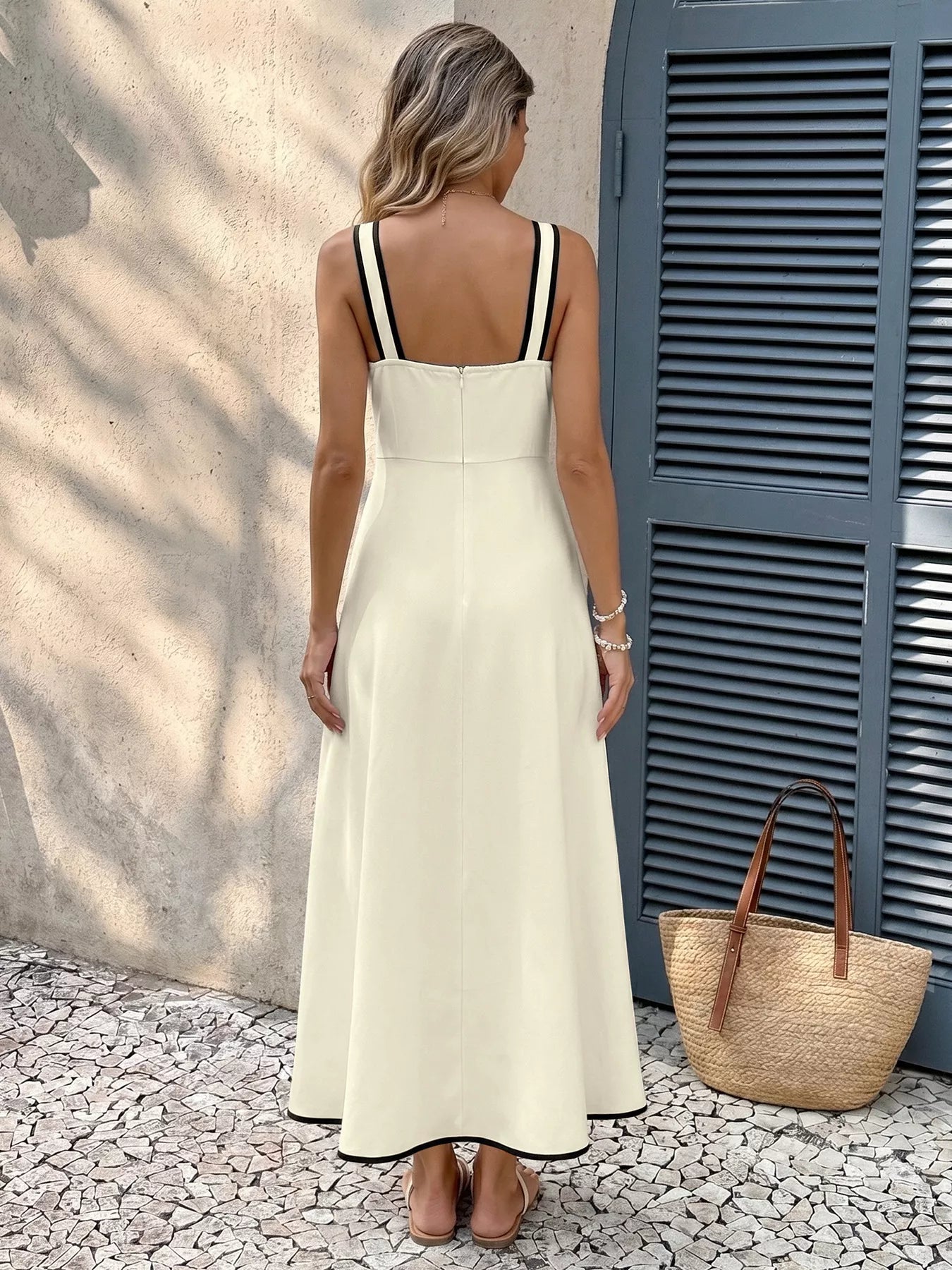 Cedar & Moore Bowknot Trim A-Line Midi Dress in cream with double-stripe black and white straps, back zipper, tote bag