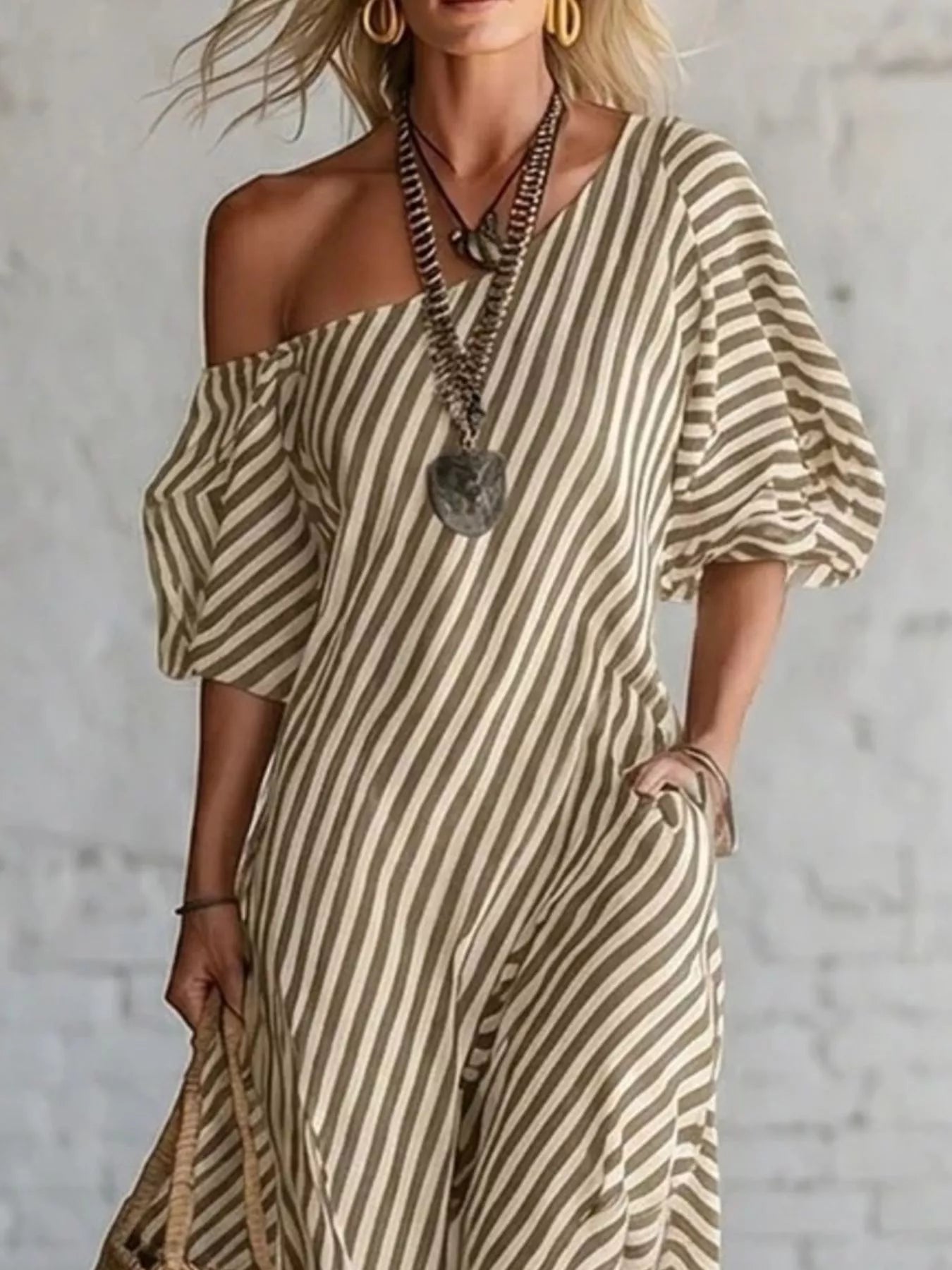 Cedar & Moore Striped one-shoulder maxi dress, cream/olive, plus size