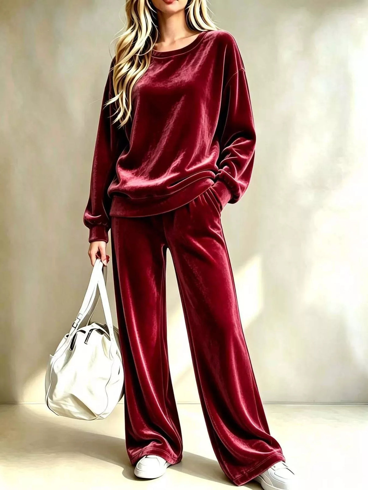 Burgundy velvet two-piece set with dropped-shoulder sweatshirt and wide-leg pants