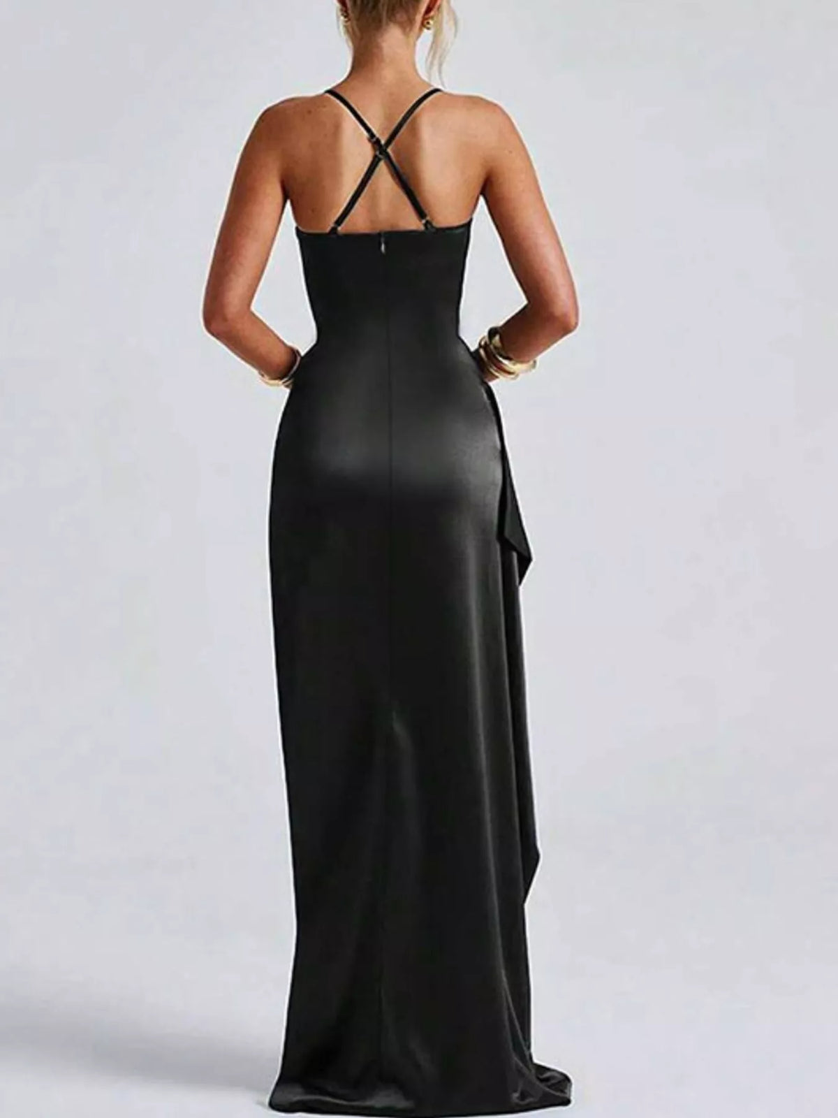Black satin maxi dress with crisscross back straps and high side slit