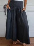 Black smocked wide-leg pants with gathered waist and flowing drape