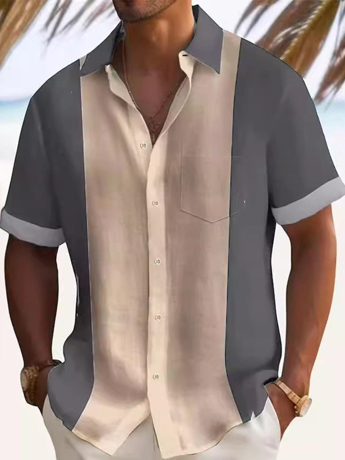 Men's black and gray color block short-sleeve cotton shirt with button front and pocket