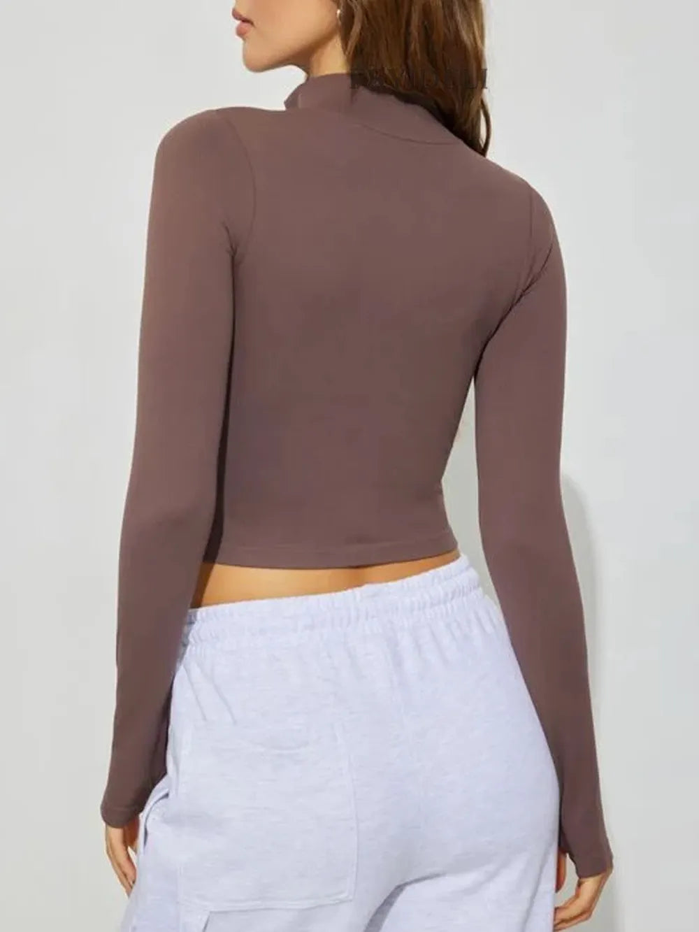 Chocolate long sleeve zip-up active jacket, back view with high neck and full length sleeves