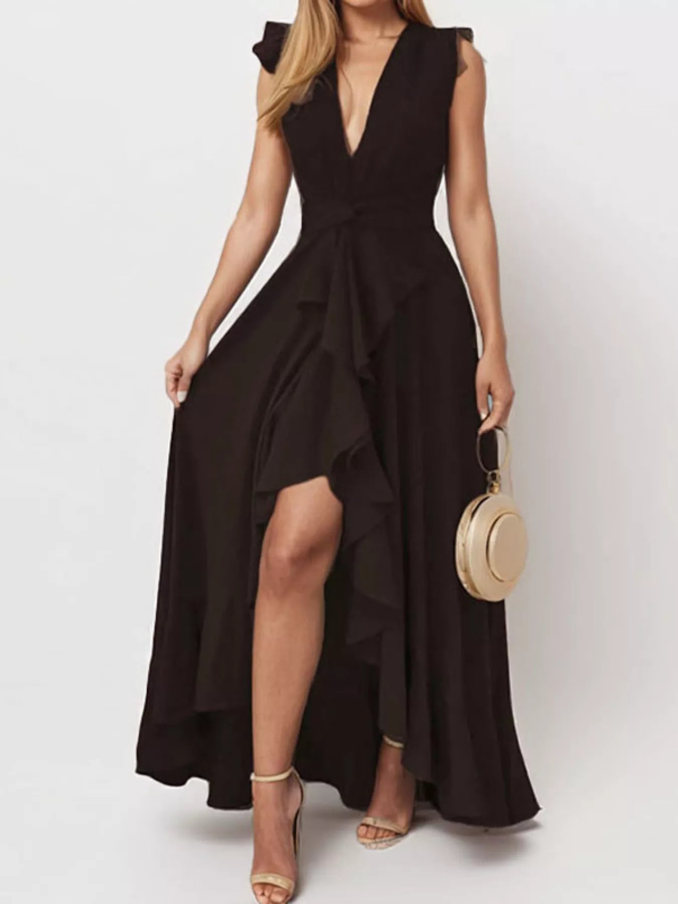 Black ruffled high-low maxi dress, sleeveless V-neck with layered ruffle skirt