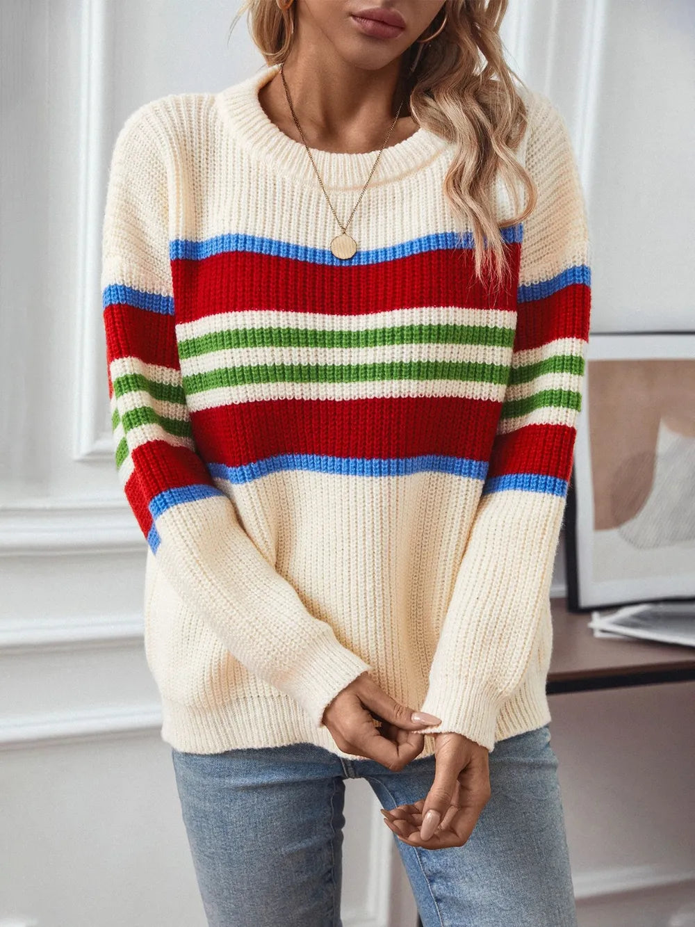 Cream round-neck sweater with multicolor horizontal stripes, long sleeves